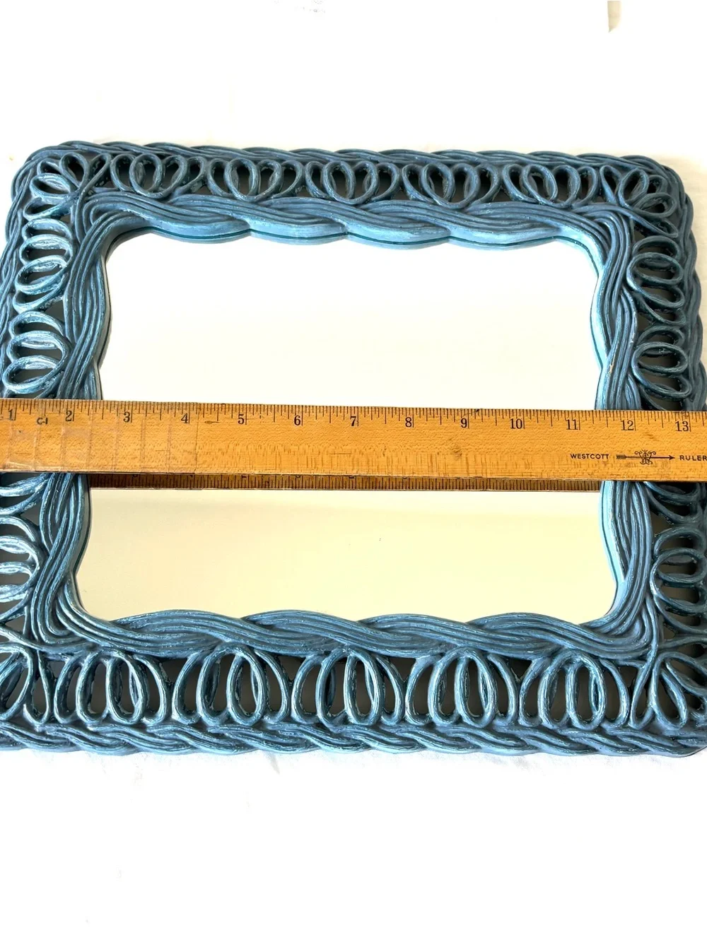 Hoda Mirror Blue 1981 Vintage Faux Wicker 3950 Wall Vertical/Horizontal Accent